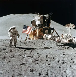 Astronaut James Irwin (1930-1991) gives a salute on the Moon, 1971.Artist: NASA Astronaut James Irwin (1930-1991) gives a salute on the Moon, 1971.Artist: NASA