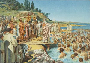 The baptism of the residents of Kiev in 988. Artist: Lebedev, Klavdi Vasilyevich (1852-1916) The baptism of the residents of Kiev in 988. Artist: Lebedev, Klavdi Vasilyevich (1852-1916)