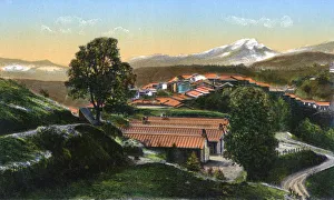 Himalayan Mountain Range Prints: The barracks with distant snow-capped mountains, Chakrata, India, early 20th century