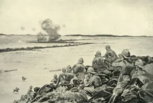 Victorian Era Warfare Prints: The Battle of Paardeberg, 1900. Creator: Sidney E Paget