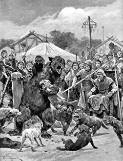 Bear-baiting in Saxon times, (c1920).Artist: Richard Caton Woodville II Bear-baiting in Saxon times, (c1920).Artist: Richard Caton Woodville II
