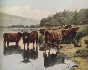 Highland Cow Prints: Highland Cattle by a Scottish Loch Print, c1930s