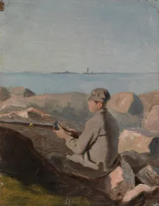 Beach Leisure Activities Prints: Birdwatcher on the beach, exercise, 1882. Creator: Aukusti Uotila