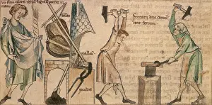 Historical Fashion Clothing Prints: Blacksmiths at work, second half of the 14th century. Creator: Unknown