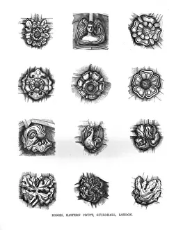 Grade I Listed Buildings England Prints: Bosses of the Eastern Crypt. Guildhall, 1886