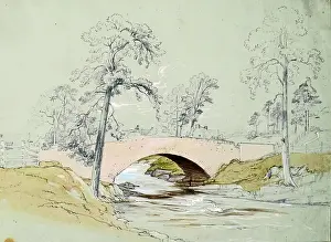 British Heritage Art Prints: Bridge over River - Rooftops Beyond, c1845. Creator: John Phillip