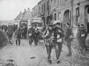 Black And White War Photography UK Prints: The British wounded returning to a dressing station after an attack, 1915