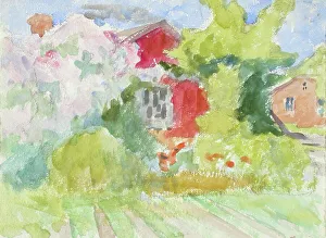 Buildings in the middle of trees, fields in the foreground. Creator: Maria Wiik