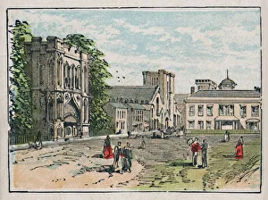 Prints of Bury St Edmunds, c1910. The Abbey Gateway, etc. The remains of King Edmund are buried here. Agricultural Implements. Grammar School. Population, 16, 780 Suffolk Prints: Heritage Images Print of Bury St Edmunds, c1910