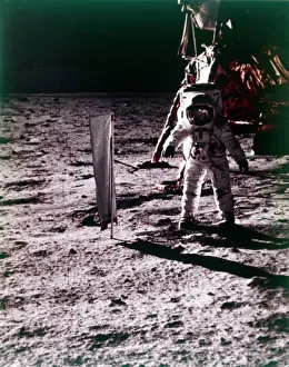 Buzz Aldrin deploys solar wind collector on the surface of the Moon, Apollo 11 mission, July 1969 Buzz Aldrin deploys solar wind collector on the surface of the Moon, Apollo 11 mission, July 1969