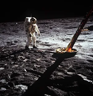 Buzz Aldrin by the leg of the Lunar Module, Apollo II mission, July 1969 Buzz Aldrin by the leg of the Lunar Module, Apollo II mission, July 1969