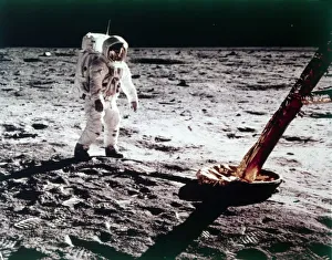 Buzz Aldrin near the leg of the Lunar Module on the Moon, Apollo 11 mission, July 1969 Buzz Aldrin near the leg of the Lunar Module on the Moon, Apollo 11 mission, July 1969