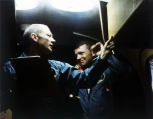 Buzz Aldrin and Neil Armstrong in quarantine, Apollo 11 mission, July 1969. Creator: NASA Buzz Aldrin and Neil Armstrong in quarantine, Apollo 11 mission, July 1969. Creator: NASA