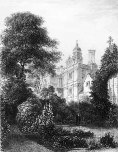 Prints of Caius College from the Fellows Gardens, c1837. View of Caius, one of the colleges of the University of Cambridge, with a don standing in the garden. From Memorials of Cambridge by John Le Keux Cambridge Prints: Caius College Print, Fellows Gardens, Cambridge (c1837)