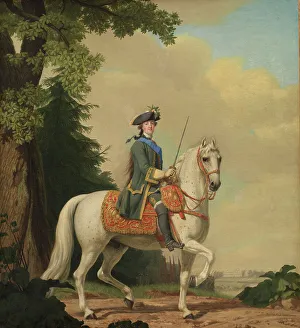 Prints of Catherine II of Russia in Life Guard Uniform on the horse Brillante, 1782. Equestrian portrait of Catherine the Great in the uniform of the Preobrazhensky Regiment Denmark Prints: Catherine II in Life Guard Uniform on Brillante, 1782 Print