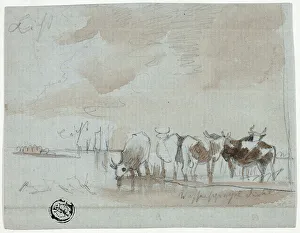 Black And White Dutch Art Prints: Cattle in Water, 18th century. Creator: Unknown