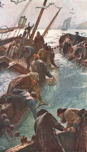 Colour Print of Cornish Fishermen Gathering Pilchards, 1895