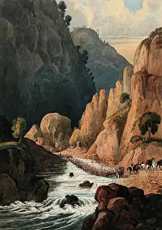 Horseback Riding Soldiers Prints: Cavalry marching through a mountain river, Afghanistan. Creator: Unknown