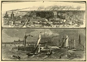 Prints of Chicago, 1874. Views of Lake Michigan and the city of Chicago, Illinois, USA: The City from the Water Works; Mouth of Chicago River Alfred Rudolph Waud Prints: Chicago Print, 1874: Views of Lake Michigan and the City