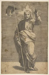 Black And White Christian Images Prints: Christ standing facing forward, holding a cross with a banner and raising his left