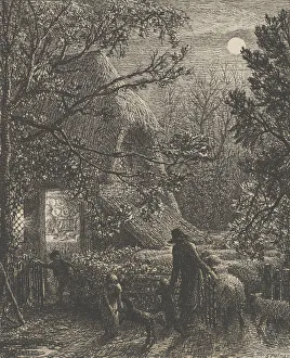 Black And White Landscape Art Prints: Christmas, or Folding the Last Sheep, 1850. Creator: Samuel Palmer