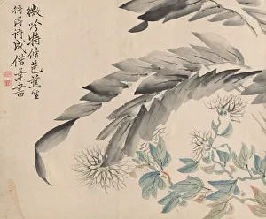 Chrysanthemums and Leaves of a Mulberry Tree. Creator: Tsubaki Chinzan (Japanese, 1801-1854) Chrysanthemums and Leaves of a Mulberry Tree. Creator: Tsubaki Chinzan (Japanese, 1801-1854)