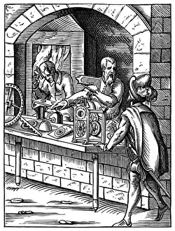Wood engraving print of a 16th-century clockmaker