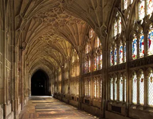 Prints of Cloisters of Gloucester Cathedral, late 14th century. The elaborate fan vaulting, the earliest example in Britain, is clearly visible Gloucestershire Prints: Late 14th Century Cloisters of Gloucester Cathedral Print