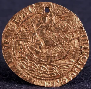 Coin (Korabelnik) of Tsar Ivan III (Reverse: Ruler on his ship), 1471-1490. Artist: Numismatic, Russian coins Coin (Korabelnik) of Tsar Ivan III (Reverse: Ruler on his ship), 1471-1490. Artist: Numismatic, Russian coins