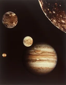 Colour composite of Jupiter and four moons. Creator: NASA Colour composite of Jupiter and four moons. Creator: NASA