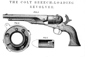 Prints of Colt Frontier revolver, invented by Samuel Colt (1814-62), c1850. Fig. 2: the breech disc. Fig. 3: the cartridge in section. From The Mechanics Magazine. Also known as the Colt Peacemaker Industrialist Prints: Colt Frontier Revolver Print, c1850
