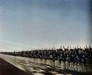 Prints of Column on the March, 1915. (1943). Soldiers marching during the First World War. Painting in the Birmingham Museum and Art Gallery. From The Studio, Volume 125 World War I And II Prints: Column on the March, 1915 Print, First World War Soldiers