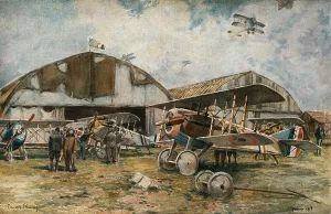Francois Flameng Artwork Prints: Combat Aerien; Devant les hangars d