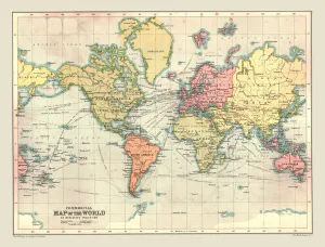 Commercial Map of the World, 1902 Print with Shipping Routes