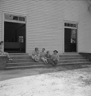 Conversation among members of congregation, Wheeleys Church, Gordonton, NC Print 1939