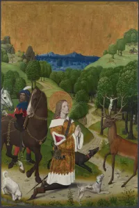 Prints of The Conversion of Saint Hubert. Shutter from the Werden Altarpiece, ca 1485. Found in the collection of the National Gallery, London Painting Prints: The Conversion of Saint Hubert Print, a 15th-century woodcut