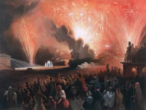 Coronation fireworks in Moscow, 1856. Artist: Pharamond Blanchard Coronation fireworks in Moscow, 1856. Artist: Pharamond Blanchard