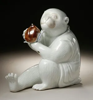 Costumed Monkey Holding a Chestnut, 19th century Print