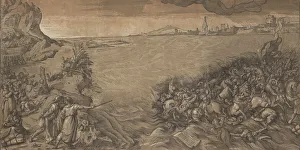 The crossing of the red sea, Moses stands at the left pointing to the army being The crossing of the red sea, Moses stands at the left pointing to the army being