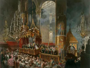 The crowning of Tsarina Maria Alexandrovna of Russia, Moscow, 1856. Artist: Mihaly Zichy The crowning of Tsarina Maria Alexandrovna of Russia, Moscow, 1856. Artist: Mihaly Zichy