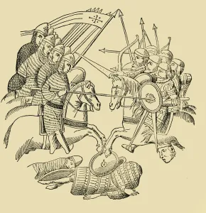 Black And White Battle Scenes Prints: Crusaders and Saracens in Battle, c1930. Creator: Unknown