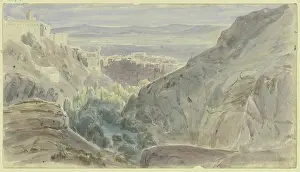 Prints of Cuenca, 1850. The town of Cuenca, in Castilla-La Mancha, is built across a steep spur, whose slopes descend into deep gorges of the Júcar and Huécar rivers Peter Burnitz Prints: Cuenca Print, 1850 - A Steep-Spurred Townscape
