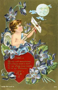 Cupid shooting an arrow carrying a love letter, American Valentine card, 1908 Cupid shooting an arrow carrying a love letter, American Valentine card, 1908
