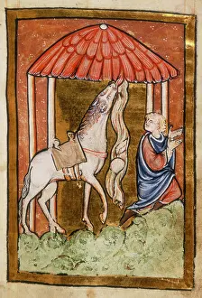 Print of a medieval scene with a horse pulling down food from a straw roof