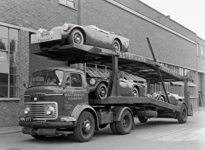 Daimler Dart SP250s on car transporter for delivery 1960. Creator: Unknown Daimler Dart SP250s on car transporter for delivery 1960. Creator: Unknown