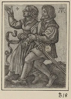 German Engraving Prints: Dancing Couple, Facing Left, c. 1540. Creator: Martin Treu