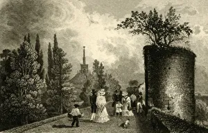 Prints of Danejohn Hill, Canterbury, Kent, 1829. The Dane John Mound, a former Roman cemetery, was converted into a motte-and-bailey castle in the 11th century Canterbury Prints: Danejohn Hill, Canterbury, Kent Print, 1829