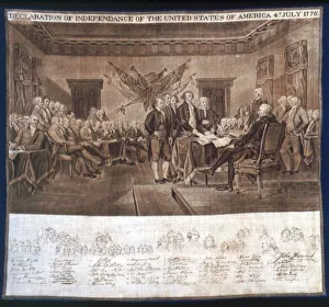 Prints of Declaration of Independance handkerchief, United States, c. 1876. Declaration of Independance of the Untited States of America 4th July 1776, with list of attendees below Benjamin Franklin Prints: 1876 Print: Declaration of Independence Handkerchief, United States