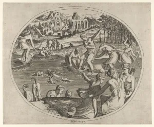 Diana and Her Nymphs Pursuing a Stag, 1547. Creator: Leon Davent Diana and Her Nymphs Pursuing a Stag, 1547. Creator: Leon Davent