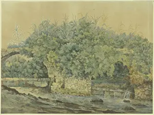 German Countryside Scenery Prints: Dilapidated stone bridge over a stream